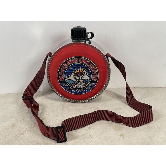 Vintage Coleman Marlboro Unlimited Water Canteen Red & Black Shoulder Strap Camp - Picture 1 of 7